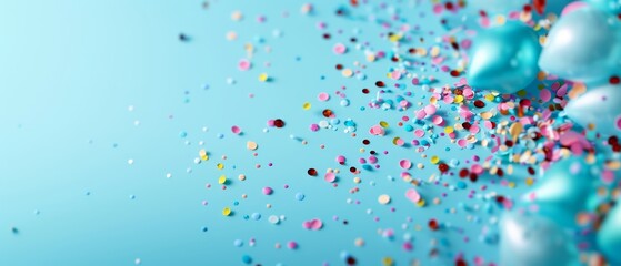  Blue and pink confetti with sprinkles against a blue backdrop Sky visible in the distance