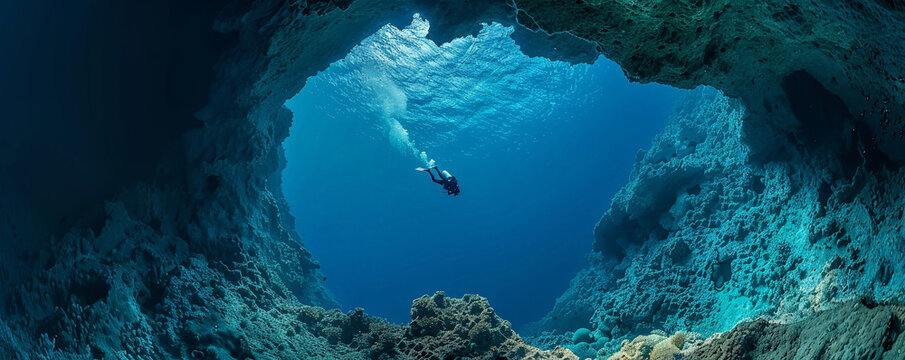 Capture the thrill of deep sea diving from a unique perspective with a birds-eye view Show the vastness and excitement of underwater adventures in a visually stunning and captivating image