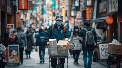 繁華街で配達する日本の配達員