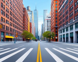 Fototapeta premium An empty city street with tall buildings on either side.