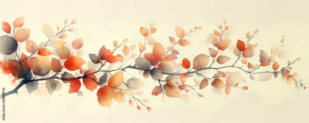 Wall mural A delicate watercolor illustration of an autumn branch with colorful leaves, creating a serene and elegant design.