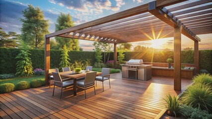 Elegant outdoor oasis features luxurious teak deck, sleek BBQ grill, stylish furniture, and verdant garden surroundings with sun-kissed ambiance.