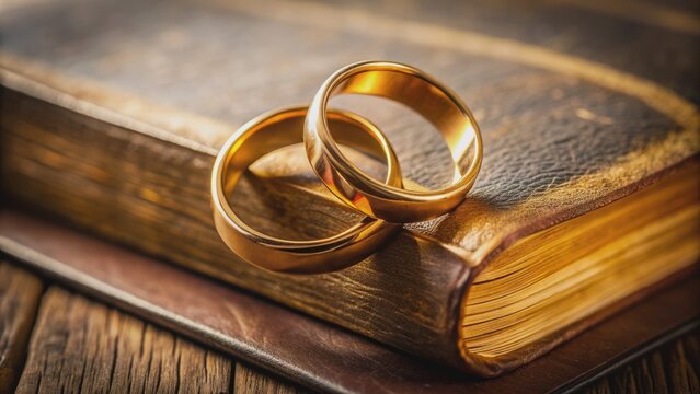 Sparkling golden engagement and wedding rings resting atop an open leather-bound holy scripture, symbolizing unity and forever commitment.