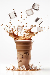 Ice cubes falling into iced coffee or latte in a high plastic cup