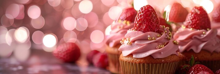 Cupcakes, Color Strawberries Cup Cake, Delicious Fruit Cupcakes on Blurred Bokeh Background