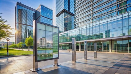 Modern urban office building exterior with glass and steel architecture, empty pedestal, and scattered job listings on a bulletin board.