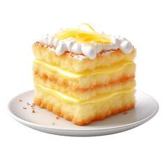 Delicious slice of layered lemon dessert with fluffy cake and creamy filling, topped with whipped cream on a white plate.