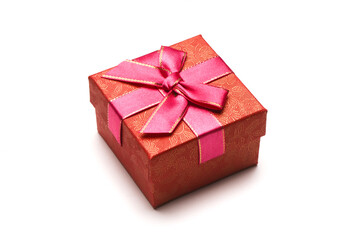 Red square gift box with the ribbon isolated on the white background.