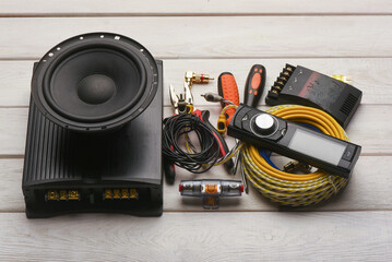 Car audio stereo system installation concept background. Car audio system repair service concept.