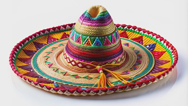 Vibrant, intricately woven, sombrero-style hat from Veracruz, Mexico, adorned with bright colors, ribbons, and ornate decorations, isolated on white background.
