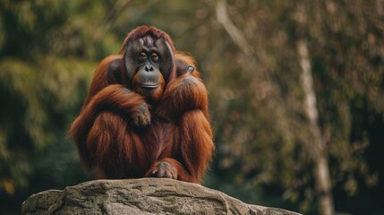 Orangutan Sitting on a Rock in a Lush Green Forest
