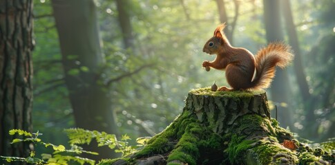 Red Squirrel on a Mossy Stump in a Sunlit Forest