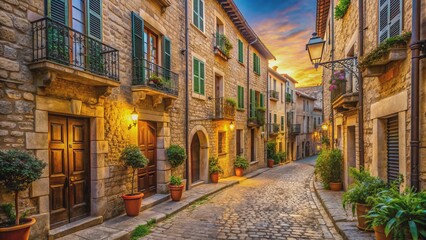 Warm golden light illuminates ancient stone buildings, charming cobblestone street, and ornate medieval architecture in picturesque Lucca, Italy.