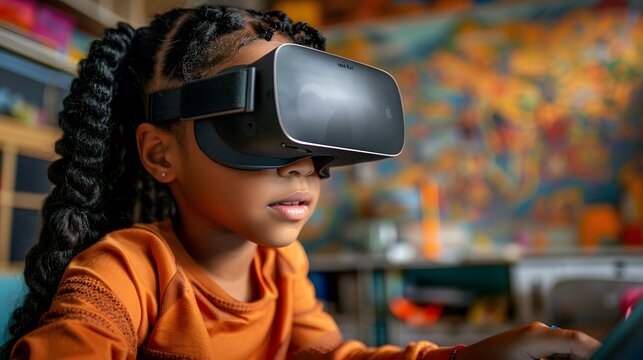 Virtual Reality Learning: Brazilian Girl Engaging with Digital Education Concepts.