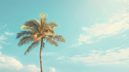 Minimal summer beach scene with palm tree in blue sky and copy space Soft colors and blurred backdrop