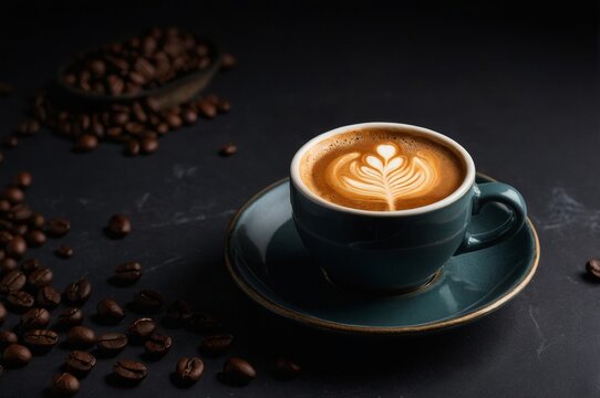 Cup of coffee with latte art on dark countertop surrounded beans