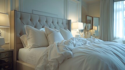 Inviting Hotel Room: Cozy Bed with White Pillows and Knitted Blankets for a Restful Night.