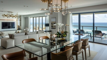 A contemporary dining room with a glass table, designer chairs, a statement chandelier, and a view of the ocean.