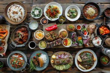 International cuisine sampler with dishes from around the world, beautifully arranged on a large wooden table