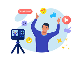 Social media post, blogging. Influencer, blogger make video blog content. Character in front of camera recording video to share it in internet. Live streaming, broadcast. Selfie creative idea