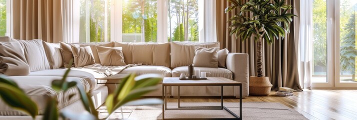 Fototapeta premium A modern living room features a large, beige sectional sofa with throw pillows, a coffee table, and large windows that let in natural light. A potted plant stands in the corner