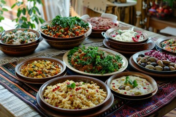 Ethnic food celebration with a vibrant spread of traditional dishes from various cultures, colorful and diverse
