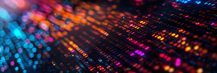 Obraz premium A side angle medium photo of flowing lines of colorful hexadecimal code on a dark background symbolizing advanced data encryption