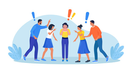 Group of violent people bullying, accusing coworker. Employees point fingers and laugh. Toxic work, abuse, bullying colleagues. Exhausted depressed employee. Angry furious characters yelling at woman