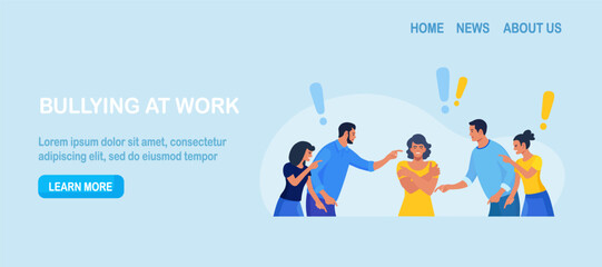 Group of violent people bullying, accusing coworker. Employees point fingers and laugh. Toxic work, abuse, bullying colleagues. Exhausted depressed employee. Angry furious characters yelling at woman