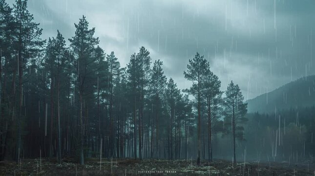 Pine forest rain landscape, creating a serene and refreshing scene with raindrops gently falling through the dense pine trees and en Seamless looping 4k time-lapse virtual video animation Generated AI