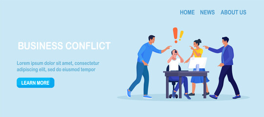 Abuse or bullying colleague. People blaming at depressed businessman. Worker sitting at desk with computer and documents hiding head. Employees point fingers and laugh. Emotional stress on work