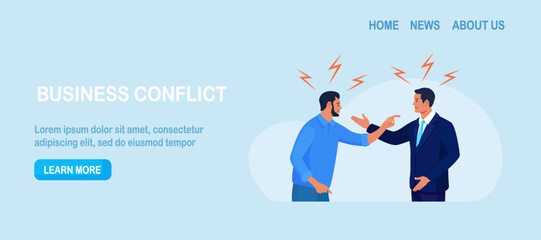 Business conflict, rivalry among colleagues. Two men arguing and fighting. Colleagues debating or misunderstanding. People quarrel and swear. Aggressive characters yell at each other