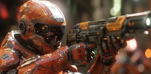 Fototapeta premium Futuristic Soldier Aiming Weapon in Urban Setting