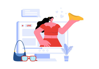 Vector Illustration for a Fashion Blog with Bloggers Reviewing Videos of Fashionable Clothing Trends, Featuring an Online Runway in a Flat Background