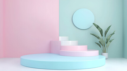 Green and pink display podium 3d rendering on an 
isolated background