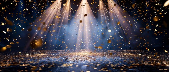 Golden confetti rain on festive stage with light beam in the middle, empty room at night mockup with copy space for award ceremony, jubilee, New Year's party or product presentations 