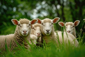 Fototapeta premium Four Sheep Huddle Together in a Green Meadow