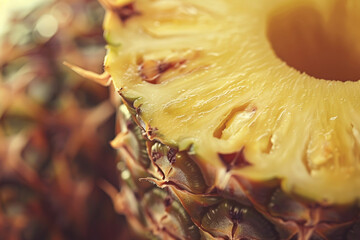 Close-up photo of pineapple halves, vintage-style macro photography, detailed texture, soft natural lighting, bright colors, in the style of a culinary magazine
