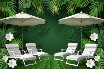 Obraz premium Green garden with white flowers and two lounge chairs under umbrellas creating a serene and relaxing outdoor scene