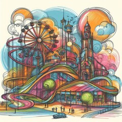 Vibrant Carnival Fantasy: A Colorful Doodle of Amusement Park Wonders with Generative AI.