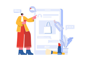 Vector Illustration for a Fashion Blog with Bloggers Reviewing Videos of Fashionable Clothing Trends, Featuring an Online Runway in a Flat Background