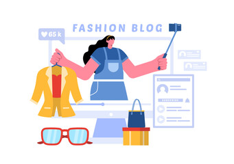 Vector Illustration for a Fashion Blog with Bloggers Reviewing Videos of Fashionable Clothing Trends, Featuring an Online Runway in a Flat Background