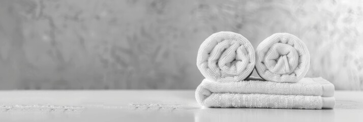 Clean soft rolled towels on white table banner, hotel, spa mockup with copy space,