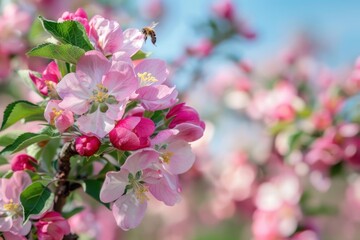 Fototapeta premium Close-up shot of pink apple blossoms in full bloom, with a bee hovering nearby, set against a soft blue sky background