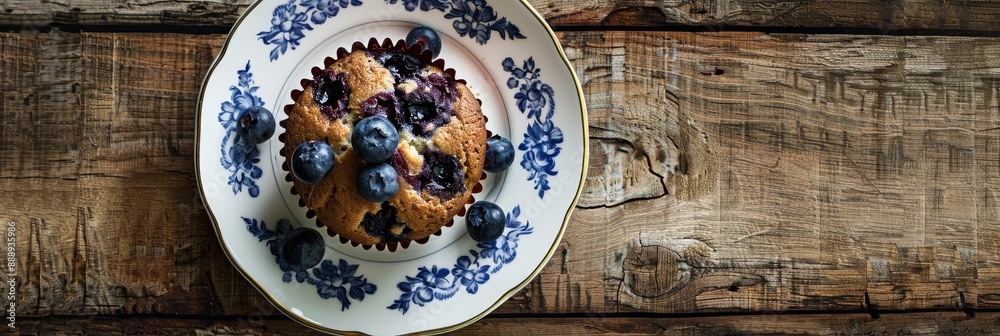 Wall mural a freshly baked blueberry muffin sits on a vintage porcelain plate with blue floral designs, resting