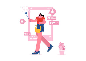 Vector Illustration for a Fashion Blog with Bloggers Reviewing Videos of Fashionable Clothing Trends, Featuring an Online Runway in a Flat Background