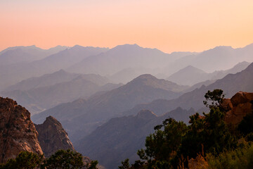 Scenic view of mountains against sky during sunset from As Safa, Taif, Saudi Arabia