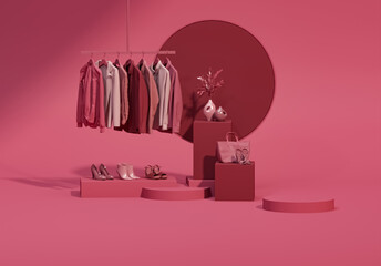 Obraz premium Clothes on sand dune background with sun shadow. Collection of clothes hanging on a rack in viva magenta colors. 3d rendering, store and bedroom concept 
