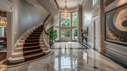 Obraz premium A grand foyer with a spiral staircase, a statement chandelier, polished marble floors, and elegant artwork.