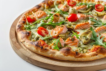 Salmon Pizza with Salmon, Seafood Flatbread with Pickled Artichokes, Arugula, Cherry Tomatoes
